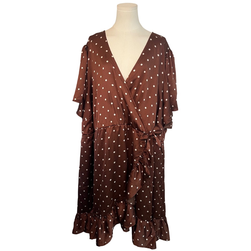 Torrid Brown Satin Polka Dot Faux Wrap Ruffle Midi Dress Plus Retro Size 6X - Picture 4 of 10